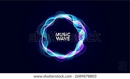 Music wave sound waveform audio bass beat circular wavy rings radial glow equalizer pulse round glowing soundwave with bold round font logo alphabet for radio dj, edm, podcast. Vector illustration