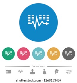 Music waves flat white icons on round color backgrounds. 6 bonus icons included.