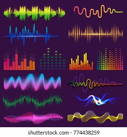 Music waves of sound on radio vector audio sounding waveform and wavelength of soundtrack and waved voice with soundwave volume isolated illustration