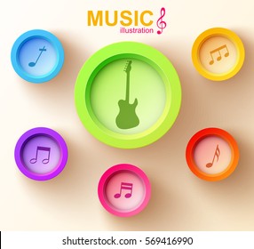 Music web design concept with colorful circles electric guitar and musical elements on light background vector illustration