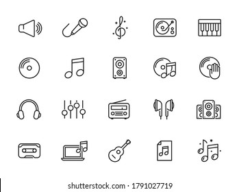 Music web icon set - outline icon set, vector, thin line icons collection