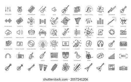 Music web icon set - outline icon set, vector, thin line icons collection