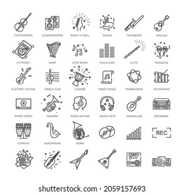 Music web icon set - outline icon set, vector, thin line icons collection