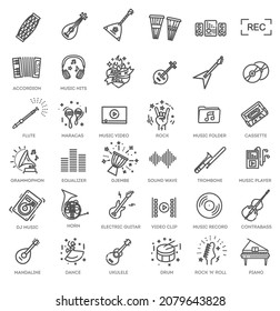 Music web icon set - outline icon set, vector, thin line icons collection