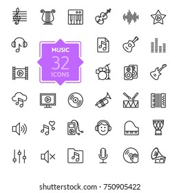 Conjunto de iconos web de música: conjunto de iconos de esquema, conjunto de iconos vectoriales y de línea delgada