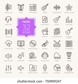 Music web icon set - outline icon set, vector, thin line icons collection