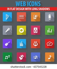 Music web icons in flat design with long shadows