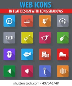 Music web icons in flat design with long shadows