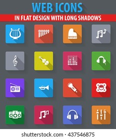 Music web icons in flat design with long shadows