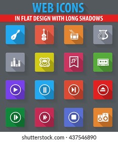 Music web icons in flat design with long shadows