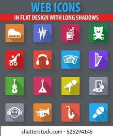 Music web icons in flat design with long shadows