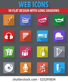 Music web icons in flat design with long shadows