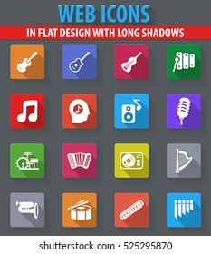 Music web icons in flat design with long shadows