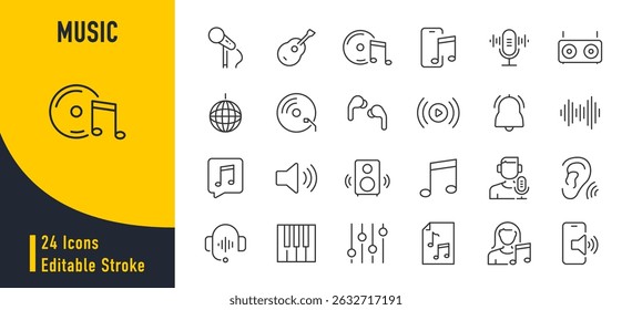 Ícones de música da Web em estilo de linha. Onda de áudio, música, volume, alto-falante, fones de ouvido, microfone, nota musical. Ilustração vetorial.