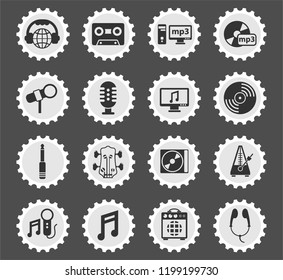 music web icons stylized postage stamp for user interface design