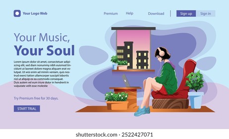 Plantilla de ilustración de Web musical con una niña escuchando música, un ambiente de ciudad, un ambiente acogedor de la habitación y un diseño de Sitio web.