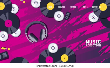 Music website design, vinyl record discs and headphones on abstract background, vector illustration. Modern music festival poster, disco club landing page template. Vinyl record and cd disc collection