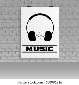 Music white poster hanging on brick wall. Vector Illustration.