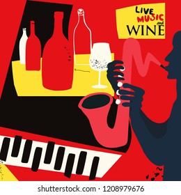 Music and wine colorful background flat vector illustration. Party flyer, jazz music club, wine tasting event, wine festival and celebrations poster design for brochure, invitation card, menu