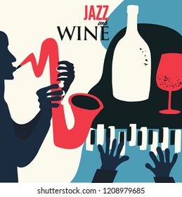 Music and wine colorful background flat vector illustration. Party flyer, jazz music club, wine tasting event, wine festival and celebrations poster design for brochure, invitation card, menu