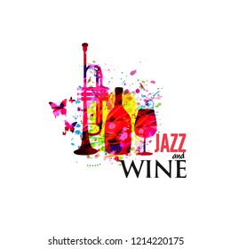 Music and wine colorful background flat vector illustration. Party flyer, jazz music club, wine tasting event, wine festival and celebrations poster for invitation card, menu with wineglass and bottle