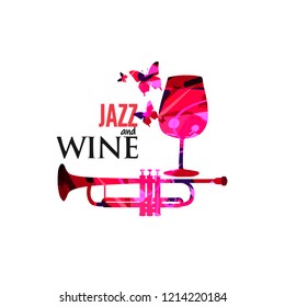 Music and wine colorful background flat vector illustration. Party flyer, jazz music club, wine tasting event, wine festival and celebrations poster for brochure, invitation card, menu with wineglass