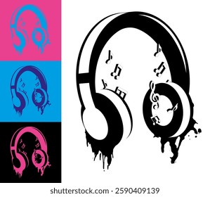 Music wireless over ear headphones with melting, spreading ear pads. Noisy party, emblem for disco decoration, print on clothes. Colorful vector on white and black background