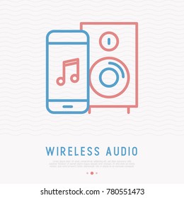 Music wireless speaker, using smartphone to play music thin line icon. Modern vector illustration.
