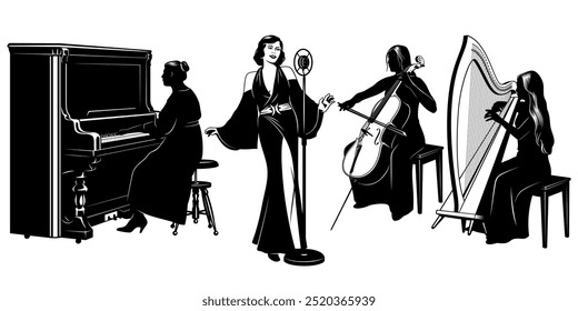 Música Mujer Cuarteto Siluetas. Cantante, pianista, arpa y violonchelo. Jazz y música clásica. Clipart de Vector aislados en blanco.