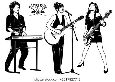 Trio da Mulher da Música. Cantor tocando violão, baixista e tecladista. O microfone com suporte é o objeto separado. Cliparts vetoriais isolados no branco.