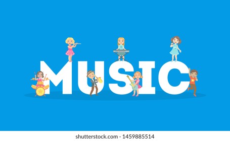 Music Word and Children Singing and Playing Music Instruments Vector Illustration
