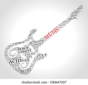 Music. Word cloud, guitar, gradient grey background. Music concept.
