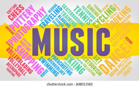 Music. Word cloud, multicolor font, yellow stripe, grey gradient background. Hobby.