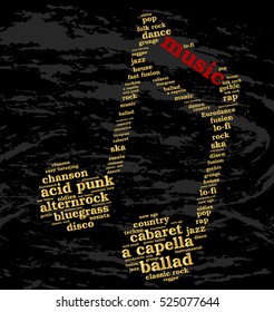 Music. Word cloud, musical notes, grunge background. Variety of music.