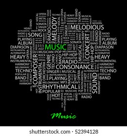 MUSIC. Word collage on black background. Vector illustration.