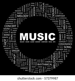 MUSIC. Word collage on black background. Illustration with different association terms.