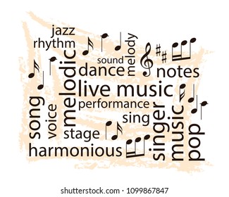 music word collage - vector notes and words on grungy beige background