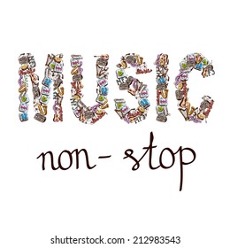 Music word composition with note piano violoncello saxophone in sketch color style vector illustration