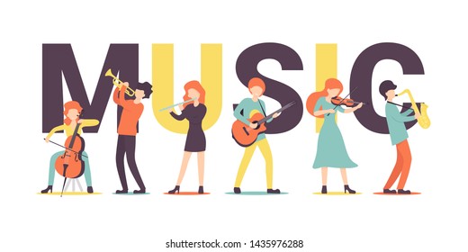 Music word, text, for web page, banner, presentation, social media, posters. Flat vector illustration.