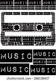 Music Words, with Type font create black music cassette with poster together Vector  print pattern. For fashion trends and graphic design, wallpaper and fabric pattern.