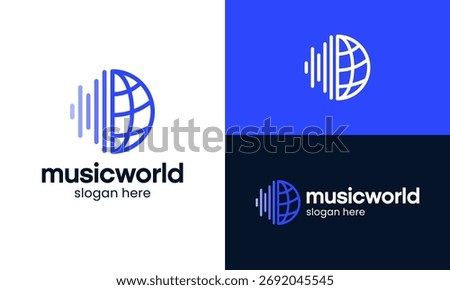 Music world logo design vector illustration. Sound audio design with globe graphic Icon, symbols, creative