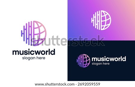 Music world logo design vector illustration. Sound audio design with globe graphic Icon, symbols, creative