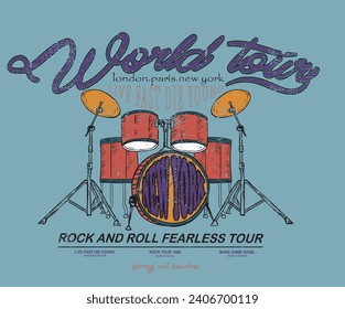 Music world tour. Drum vintage vector t shirt design. Rock and roll with wing logo artwork for apparel and others. Music drum poster design. 