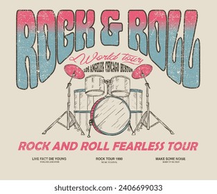 Music world tour. Eagle vintage vector t shirt design. Rock and roll with wing logo artwork for apparel and others. Music drum poster design. 