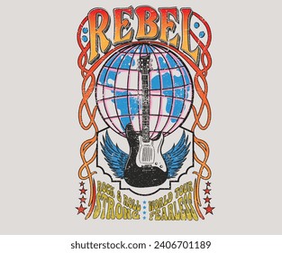 Recorrido por el mundo de la música. Diseño de camiseta vectorial vintage con alas de águila y guitarra. Obra de arte con el logo Rock and roll para ropa y otros. Diseño de afiches de rock rebelde. Estrella de rock. Mapa mundial.