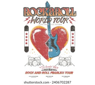 Music world tour. Guitar vintage vector t shirt design. Rock and roll with wing logo artwork for apparel and others. Heart music poster design.