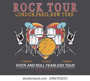 Music world tour. Guitar vintage vector t shirt design. Rock and roll with wing logo artwork for apparel and others. Heart music poster design. Heart with drum vintage artwork. Rock hand.