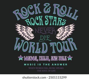 music world tour logo. Rock star never die. Make some noise.  Rock and roll graphic print design for apparel, stickers, posters and background.