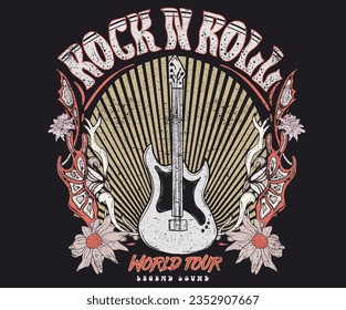 Music world tour. Make some noise. Rock and roll t-shirt print design. 