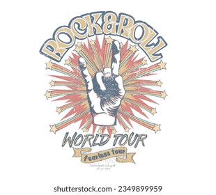 Music world tour poster artwork. Rock and roll vector graphic print design for apparel, stickers, posters, background and others. Human hand. 